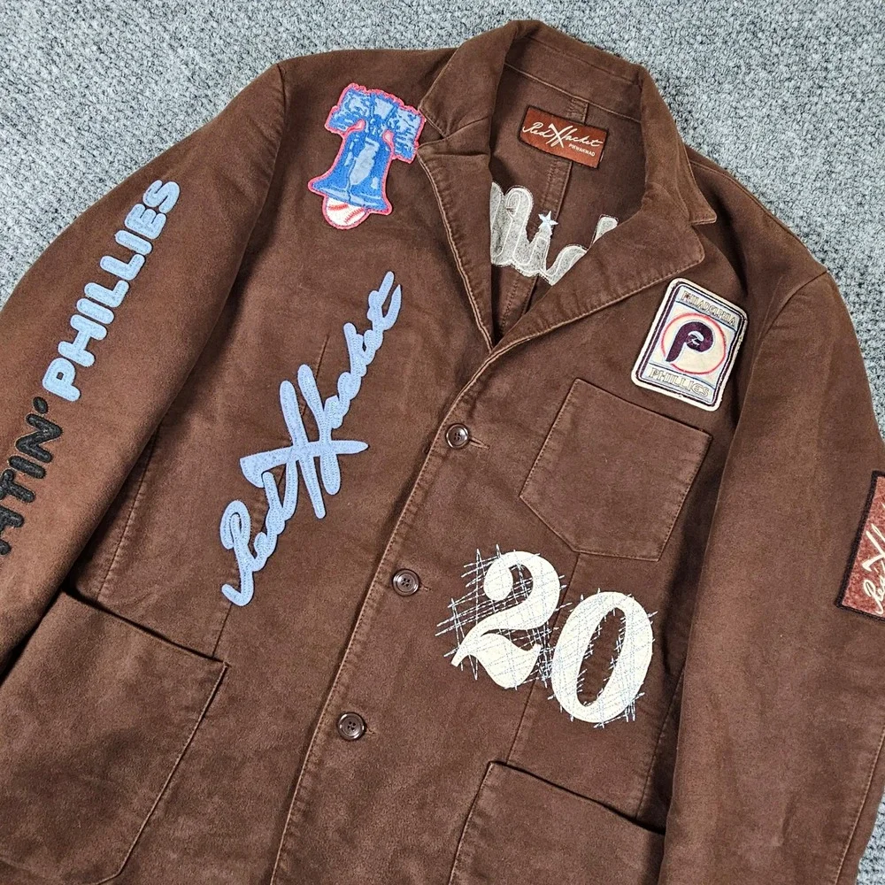 Vtg Red X Jacket Pikwakwad Philadelphia Phillies Chore Coat Blazer Brown Mens